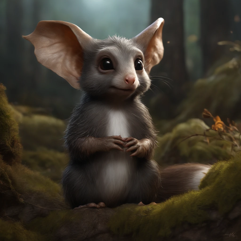 (CBZBB:1.25), ((gremlin),Zhkute, Small, baby, Beautiful, Fantasy art, deviant art, trending artstation, Digital Art, Detailed, Realistic, humanoid, character, tiny, Cinematic shot, cinematic portrait of a mole     ,gremlin, mole-like, bright silver and brown, long tail, large ears, covered with silver fur, water, stands on the shore, Best Quality, Masterpiece, in style of dark fantasy art, gremlin, mole-like, bright silver and brown, long tail, double nose, huge ears, covered with silver fur,tousled, five toes on each paw, holding a huge acorn in his paws, I&#39;m standing in a forest clearing under the foliage of bast., acorns lie in the clearing, acorns glow, Crickets fly, Best Quality, Masterpiece, in style of dark fantasy art, fantasy-inspired, in the style of John Tolkien,