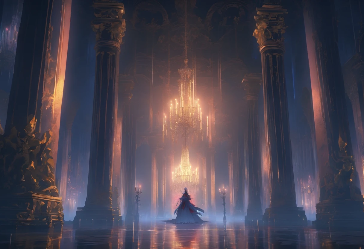 (nighttime scene), terror, Underground Palace,High pillars,Vampires'address,palace of versailles, fearsome, temple,Heavy fog environment, cellshading, k hd, high high quality, Cinematic