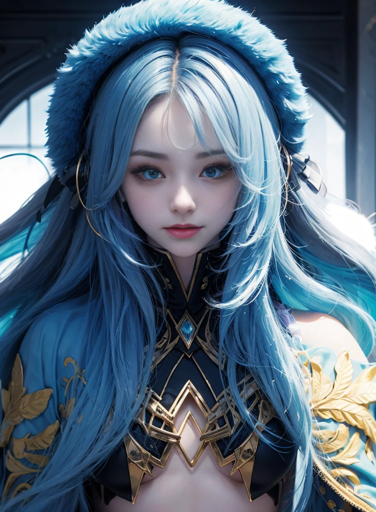 Long colored hair,Nice face,blue and black bikini,Heterochromatic pupil,ssmile,apathy,比基尼,fully body photo,the soft light,Earphone