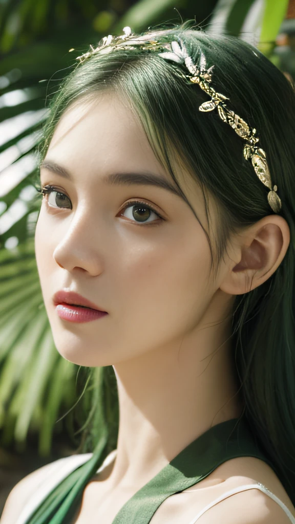 beautiful plant girl，Tree God，Green hair，There are branches and leaves on the head，Face is clear and delicate，((Bust photo))，wearing leaf clothes，The background is forest，tmasterpiece，Lighting