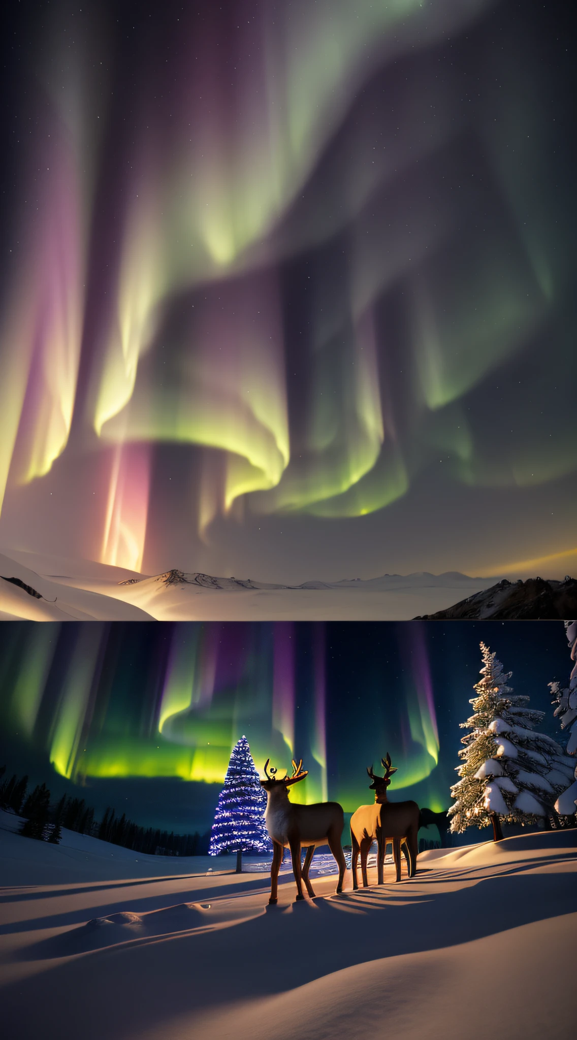 In the exceptionally detailed quality and maximum resolution of Adobe Stock, visualize a magical winter scene. Um grupo de renas, esculpido nas sombras, caminhe serenamente pela neve. In the background, the aurora borealis paints the sky with its dazzling colors, Creating a Celestial Spectacle. This composition, reminiscent of the skill of director Alexander Kucharsky, combines 3D rendering and matte painting elements to achieve a unique aesthetic. Inspired by the work of Marcos Adamus and captured as a scene from the documentary Nature, directed by Max Rive and Anna Füssli, This image highlights the ephemeral beauty of nature. A vista lateral oferece uma perspectiva imersiva, while the faded texture and dazzling lighting provide a captivating visual experience
