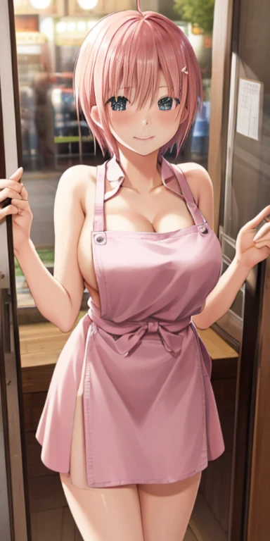 1girl, solo, nakano ichika, pink short hair, (naked:1.3), (white apron), large breasts, cleavage, thighs, cafe background, (blushing:1.2), smiling