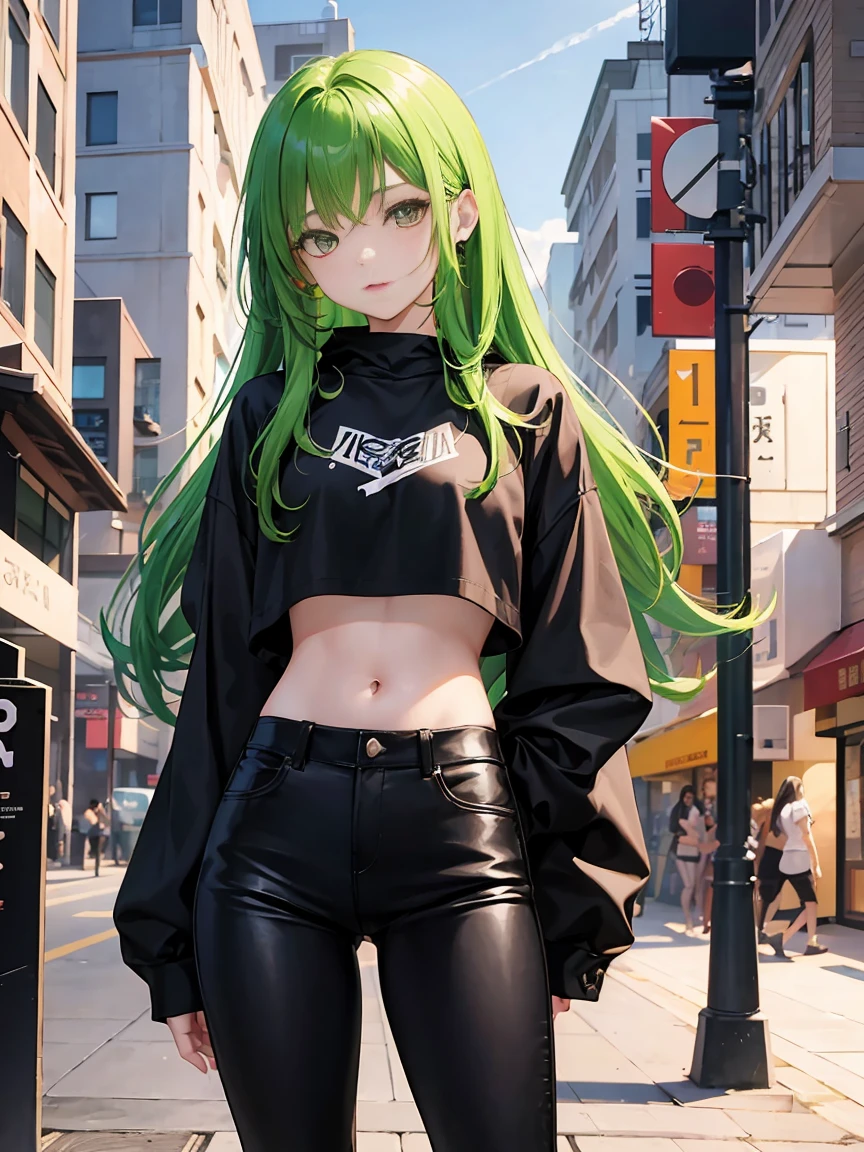 17 years old girl, 1girl in, Young Girl, Anime style, skinny body, Anime young girl wearing crop top black hoodie, Skinny Jeans Pants, long black hair and hair clip, Green eye color, Photo collection of cute poses, Straight down the street of the tower, Anime Art Wallpapers, A detailed, 8K, High quality