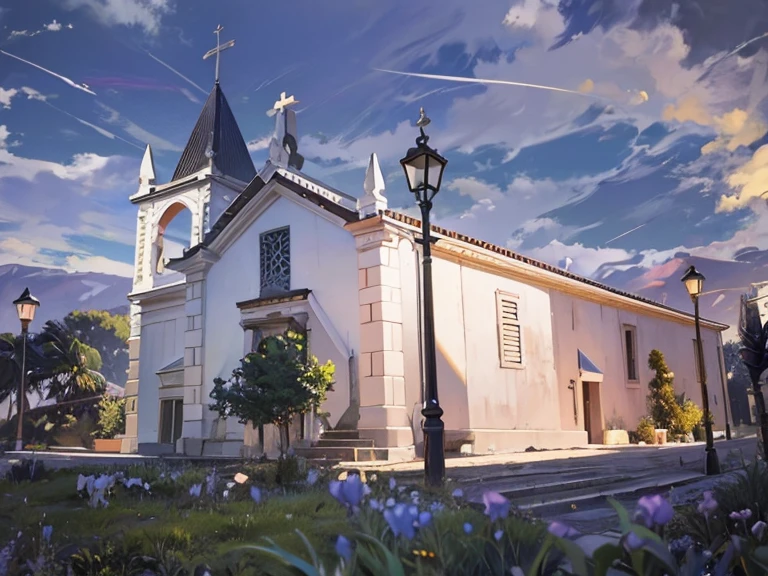 there is a white church with a clock tower and a lamppost, igreja, bispo do rosario, vista externa, monastery, vista Fora, visto de fora, rosalia vila i tobella, Arrendajo em Avila Pinewood, fora, vista frontal, vista frontal, idade, Completo - Vista, aldeia, igreja na madeira, catedral da igreja