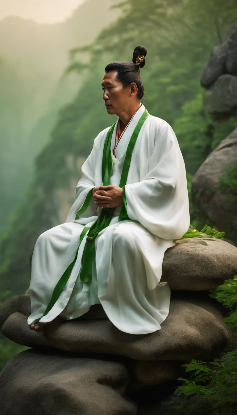 Taoist priests have immortal demeanor，Sitting on the stone in white clothes，Green background