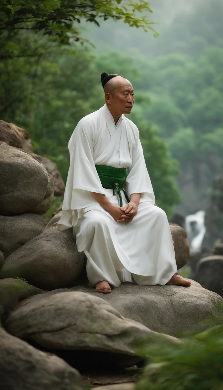 Taoist priests have immortal demeanor,Sitting on the stone in white clothes,Green background