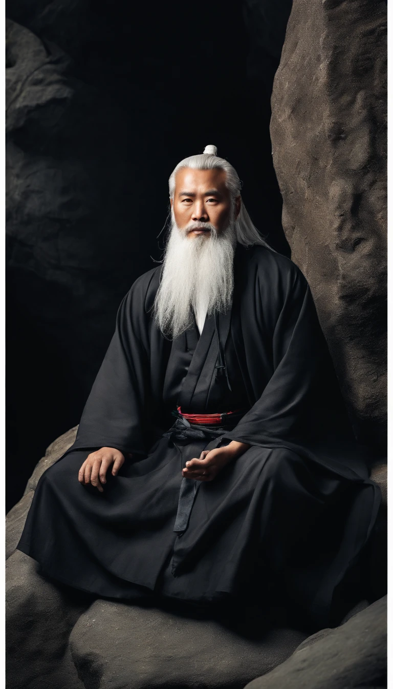 Close-up of a young Chinese Taoist leader sitting on a rock,long, White hair,Bearded,Meditation cross-legged,Daoism, Dressed in black robes,magical aura,Taoist,Taoist,Not centered,facing at the camera,The colors are very vivid, Light particles, There is bright light, Mshiv, wallpaper art, ultra HD wallpaper