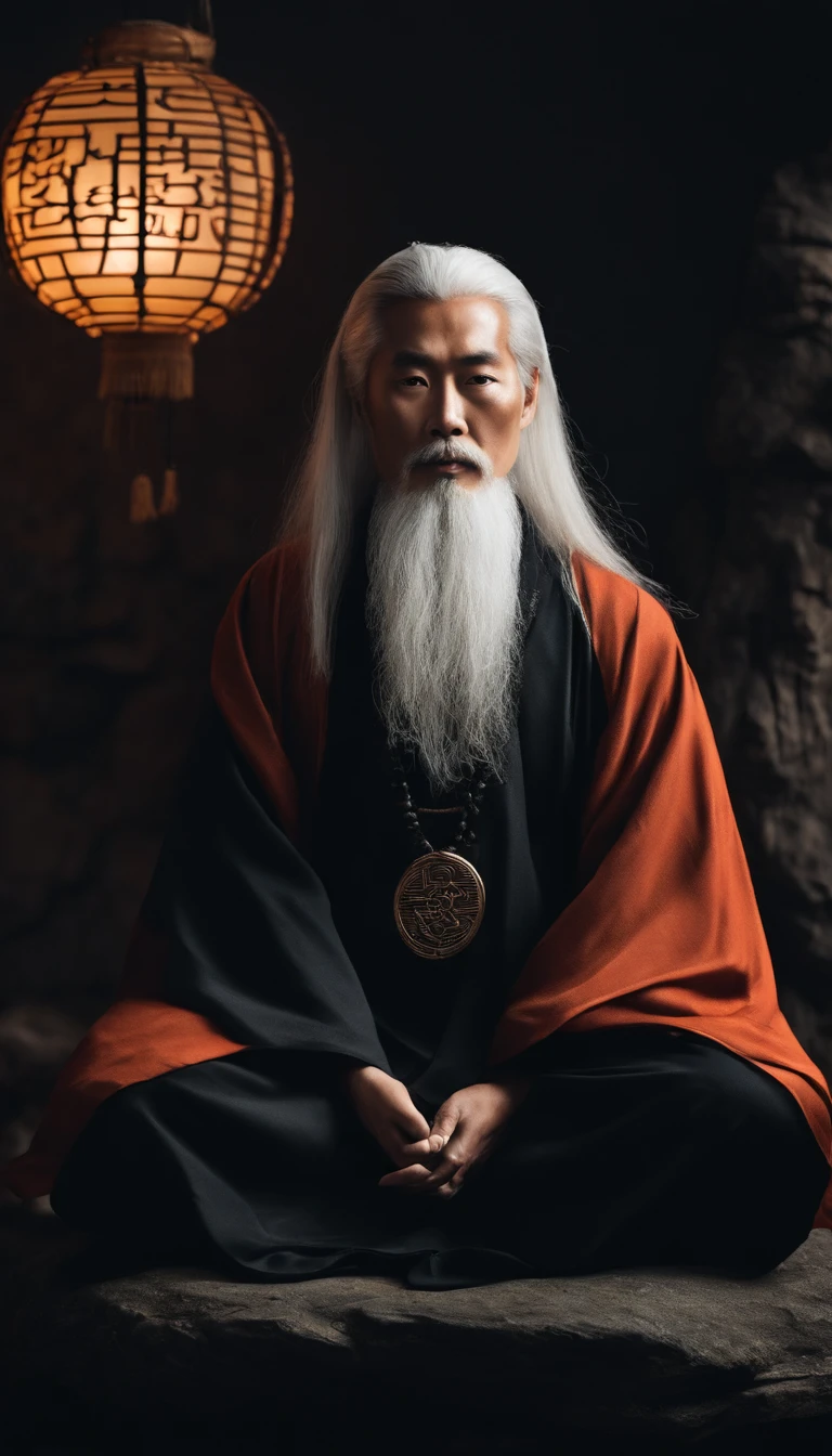 Close-up of a young Chinese Taoist leader sitting on a rock,long, White hair，Bearded，Meditation cross-legged，Daoism, Dressed in black robes，magical aura，Taoist,Taoist，Not centered，facing at the camera，The colors are very vivid, Light particles, There is bright light, Mshiv, wallpaper art, ultra HD wallpaper