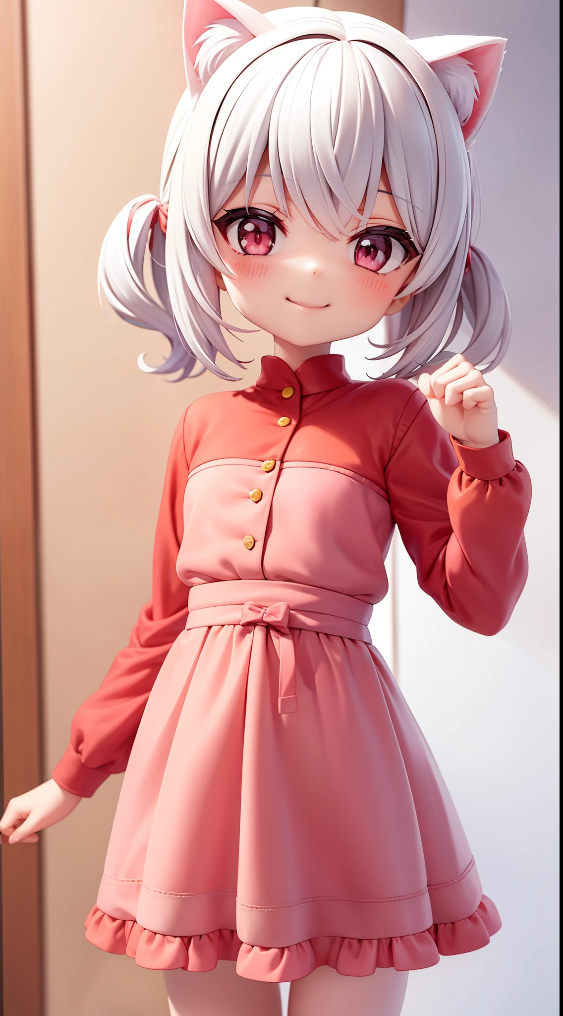 1girl, , white hair, twintails, pink eyes, long sleeve, short, hands up, smile, cute, cat girl, neko pose