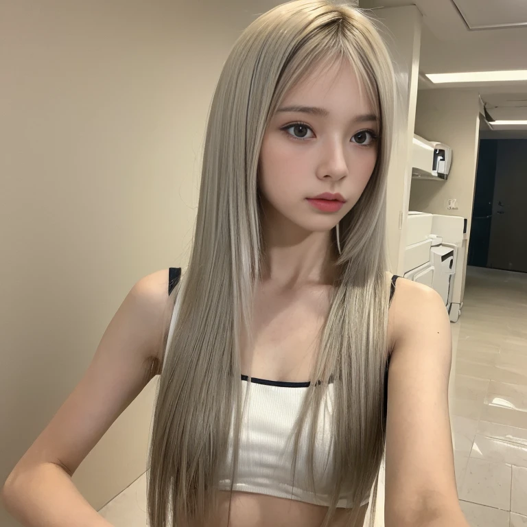 ((bestquality, 10, masterpiece :1.3)), 1girls, Beautiful woman who emphasizes a slim stomach: 1.3 ,shoot....Catch the gun....Hold the gun..., AK-47, AKM, Assault Rifle, Aim the gun.. ..,(long-haired, straight, bright white hairstyle, Small breasts: 1.2), interior, Ultra-detailed face, delicate eyes, 二重まぶた, Soft breasts, ... .,