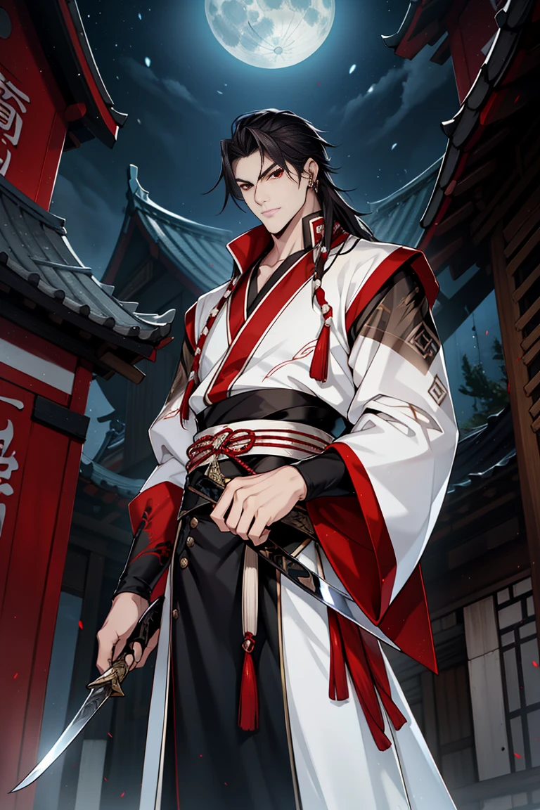 vampire man, Hanfu, long sword, cabelos preto e longos, red eyes，natta，starrysky，rays of moonlight，Asian architecture，Best quality，16k,tmasterpiece，