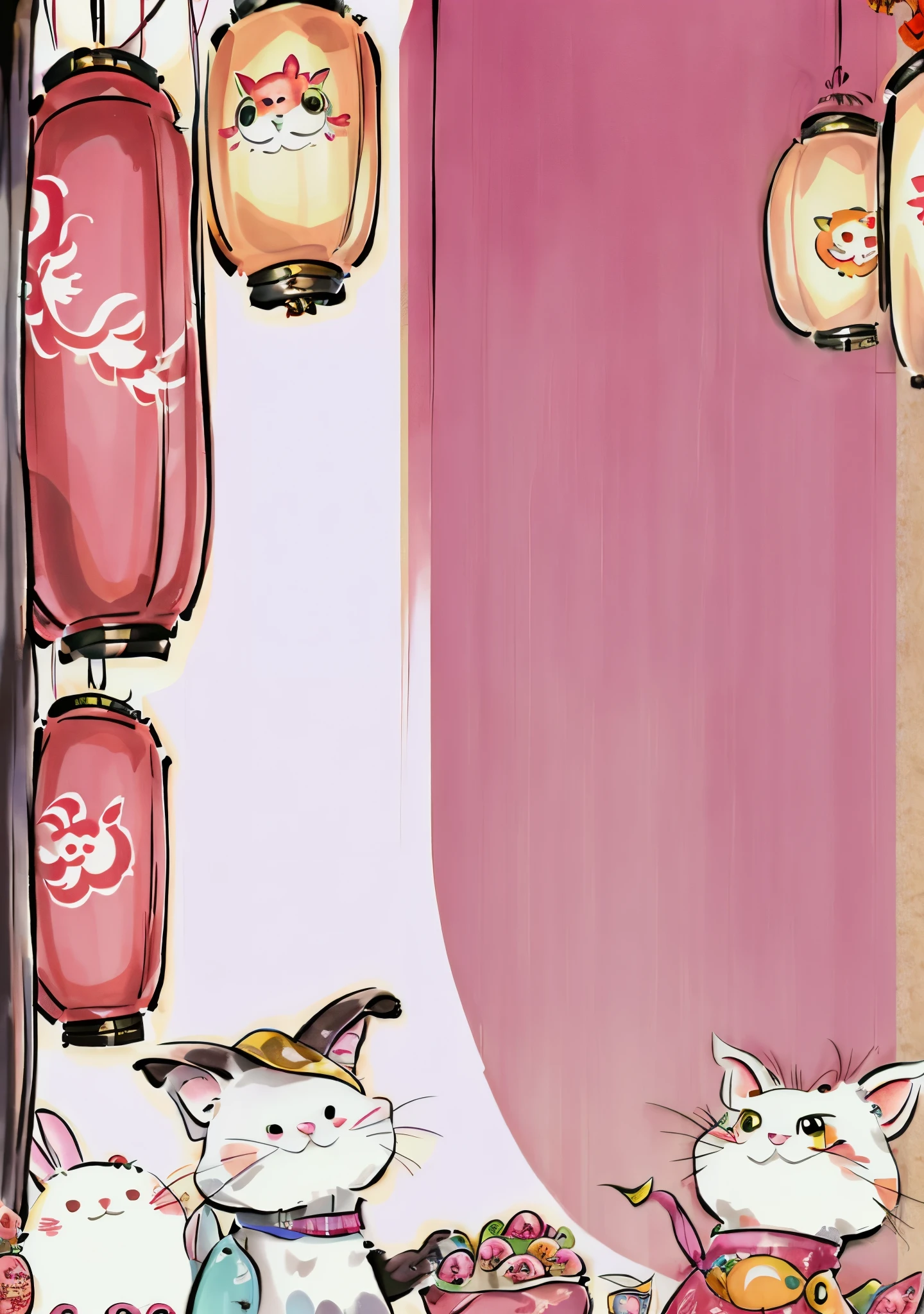 Two cats welcome Chinese New Year in bowls and lanterns, poster for, Zhongyuan Universe, a poster, Celebrating Chinese New Year in Shanghai, Inspired by Ma Yuanyu, Ruan family style, the bunny has pink fur, full card design, Pan Renwei style, Poster illustration, the bunny has pink fur, coloring page