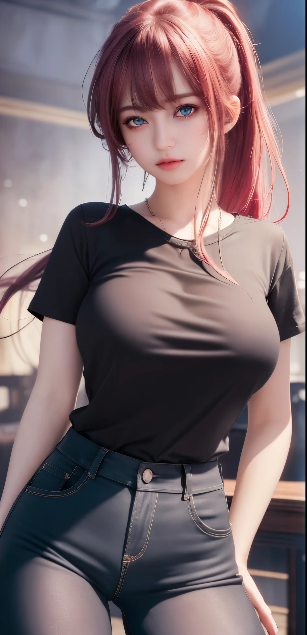 Best quality, masterpiece, ultra high res, (photorealistic:1.37), raw photo, 1girl, long hair, beautifull eyes, beautifull face, detailed eyes and face, t-shirt, dynamic lighting, in the dark, deep shadow, low key, cowboy shot
