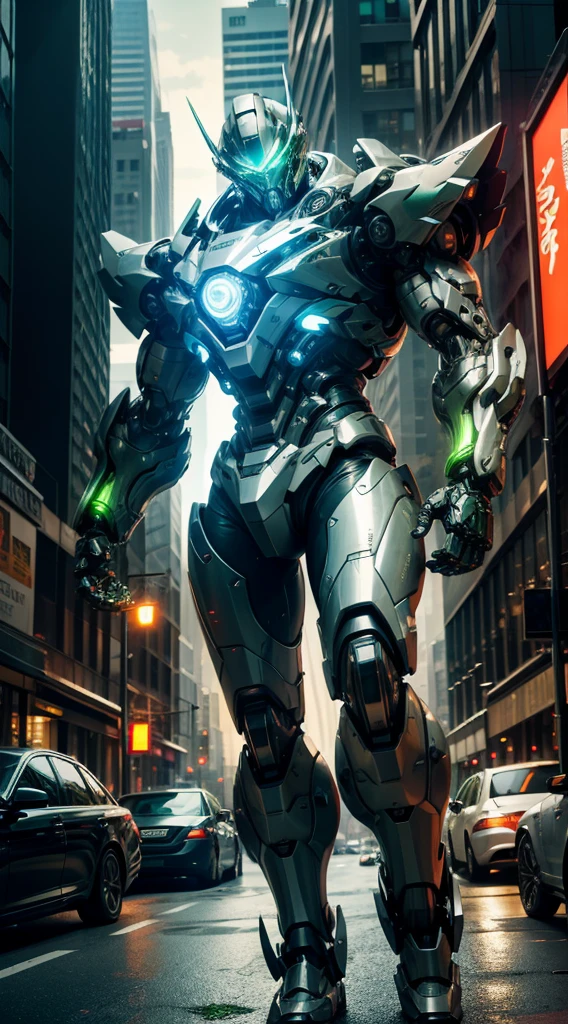 High quality image, hyper realistic, Image of a gigantic colossal cybernetically enhanced mech cyborg walking in city road, robotic, sleek cyborg body, mechanical head with a cool face shield, ongoing chaos around him, gigantic, walking, looking cool, super cool, cybernetic body, glowing core in his chest, glowing green eyes, lighting in his body, POV of a person, image shot by canon 5d mark iv,