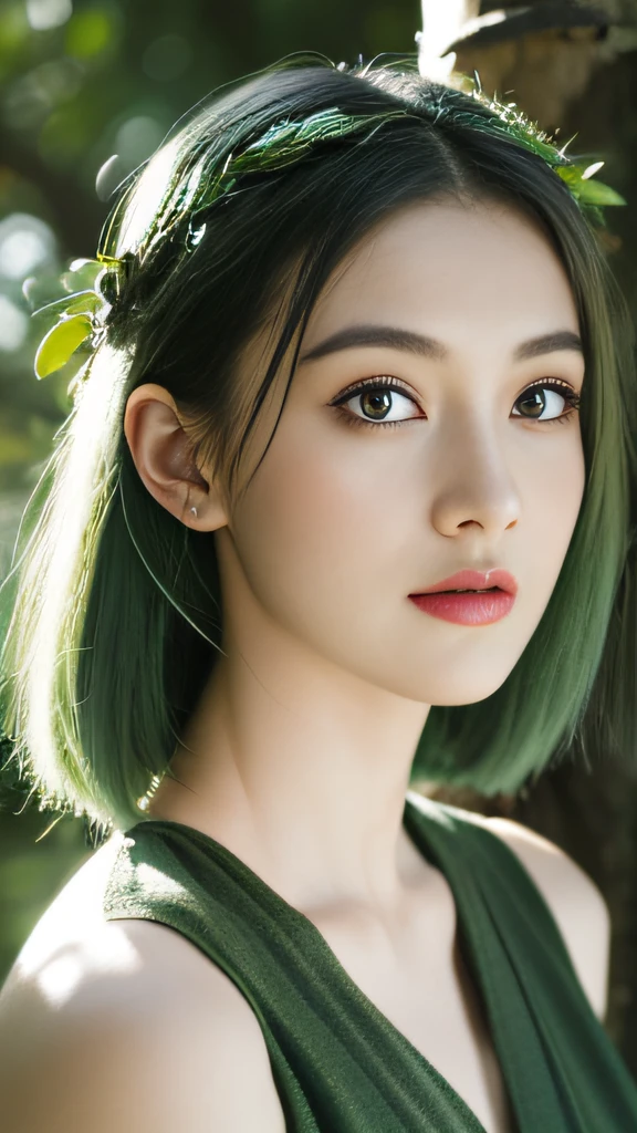 beautiful plant girl，Tree God，Green hair，There are branches and leaves on the head，Face is clear and delicate，((Bust photo))，wearing leaf clothes，The background is forest，tmasterpiece，Lighting