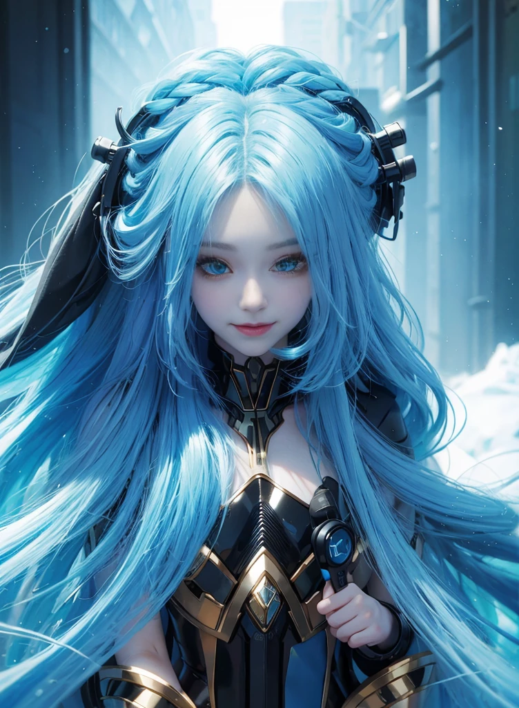 Fluorescent blonde long hair，Nice face，Blue and black bikini，Heterochromatic pupil，ssmile，apathy，比基尼，Full body photo，the soft light