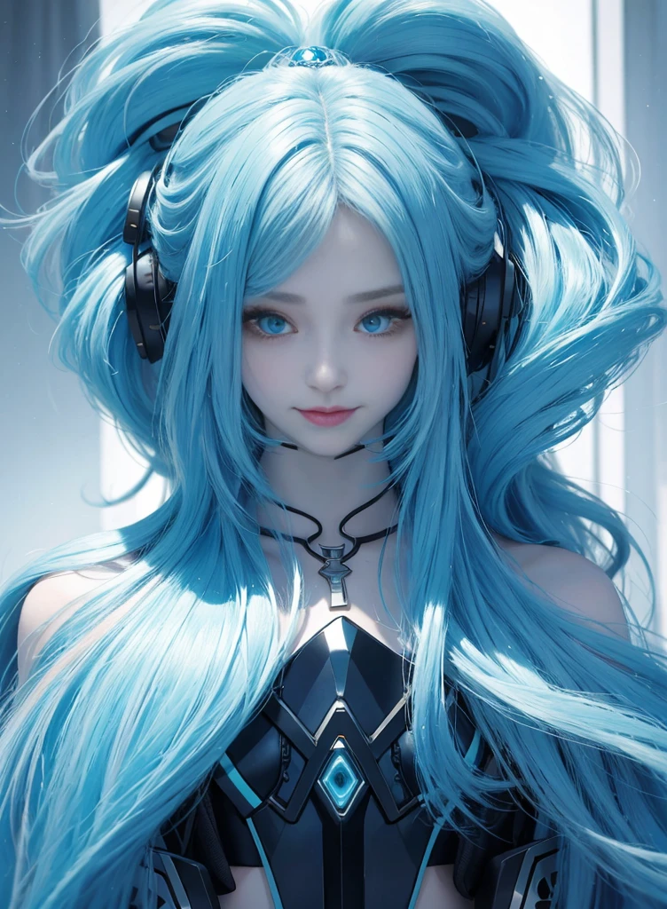 Long colored hair，Nice face，blue and black bikini，Heterochromatic pupil，ssmile，apathy，比基尼，Full body photo，the soft light，Earphone