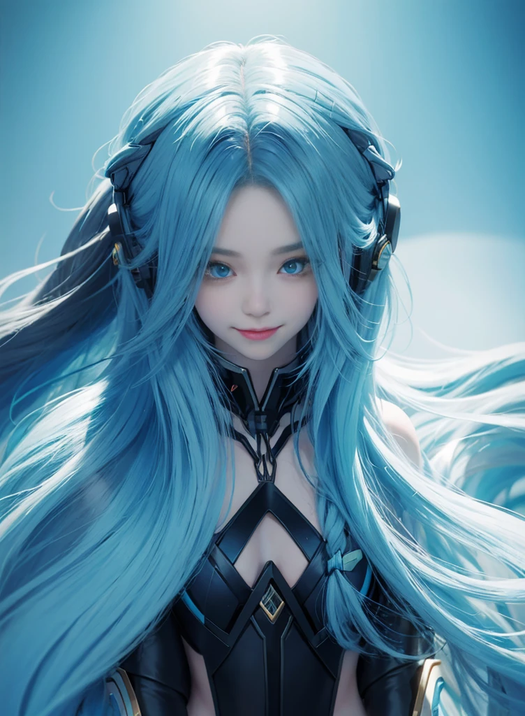 Long colored hair，Nice face，blue and black bikini，Heterochromatic pupil，ssmile，apathy，比基尼，Full body photo，the soft light，Earphone