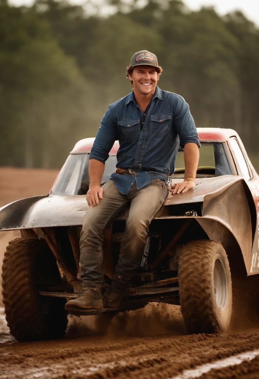 A photo of Cody having a blast at the local dirt track, kicking up some mud in his race car.,original,Cody “Thunder” Johnson, a fictional NASCAR legend, hails from the heart of Alabama, embodying the spirit of a true Southern country boy. He sports a rugged, unpolished look, often seen with a baseball cap, a casual flannel shirt, and jeans, his demeanor as relaxed and easy-going as his attire. , male