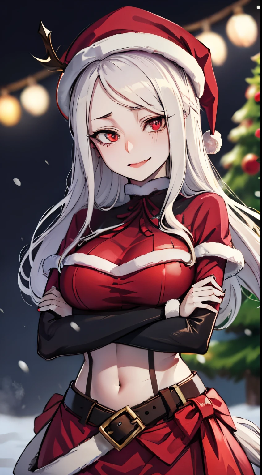 (masterpiece, best quality) woman, solo, (medium breasts), red eyes, Christmas hat, rosy cheeks, horse robot, Shalltear Bloodfallen from "Overlord", smiling, (thin body, very thin waist), (standing ), pose, looking at viewer, 16k, sharp focus, dramatic lighting, drop shadow, anime style, shine, anatomically correct, beautiful detailed face, beautiful detailed eyes, High Detail Skin, Visible Pores, sharp focus, colorful, snowing, snowing forest, blurred background