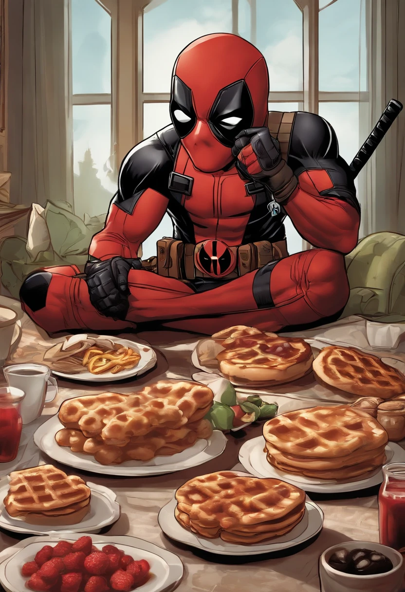 Deadpool hosting a chaotic brunch party with a table full of chimichangas and waffles,Deadpool,Deadpool, the unconventional anti-hero from Marvel Comics, is known for his distinctive red and black suit, complete with a mask that covers his entire face, hiding his disfigured skin caused by advanced cancer and experimental healing factor. His appearance is athletic and agile, suitable for his acrobatic fighting style. , male