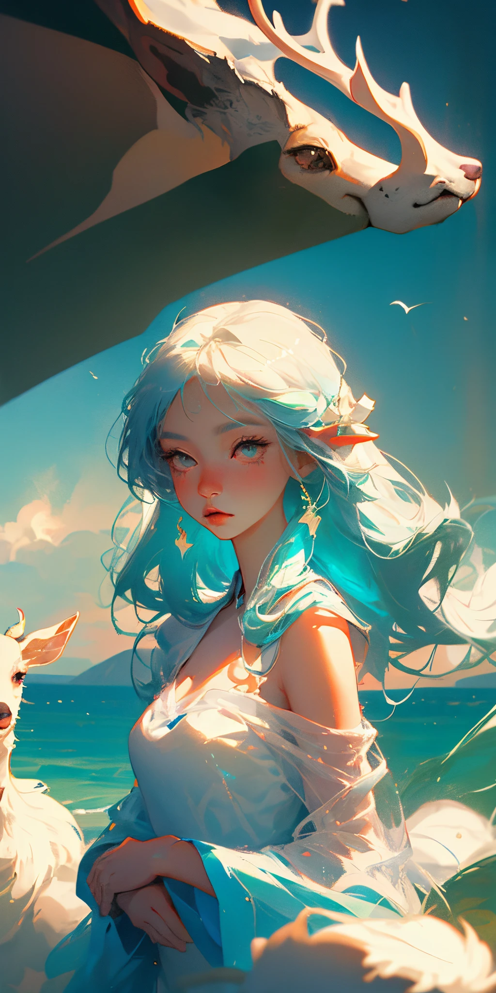 Mountain and Sea Sutra，anime，A girl caressing the head of a white deer，Blue-white background