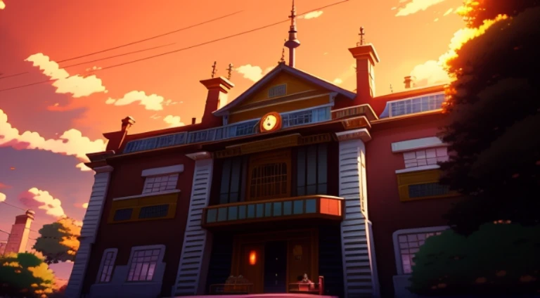 There is a big house,There is a clock in front, highschool background, Madhouse Studio anime style, House background, style of madhouse anime, Opening scene, the wallpaper!, anime backgrounds, shining golden hour, anime scene, anime movie backgrounds, golden hour sunlight, Screenshot of the animated movie, Today’s recommended anime is still, Anime background art