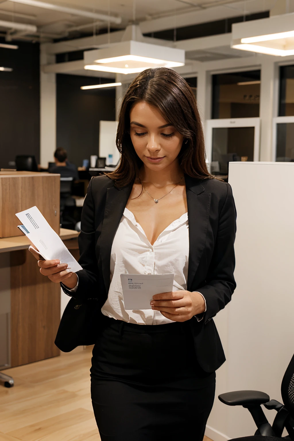 A stylish office environment with someone extending a conventional business card.