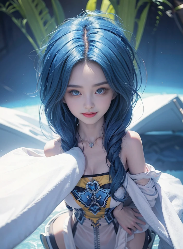 Blue hair,Nice face,Yellow Bikini,Heterochromatic pupil,ssmile,rays of sunshine,Full body photo,No light