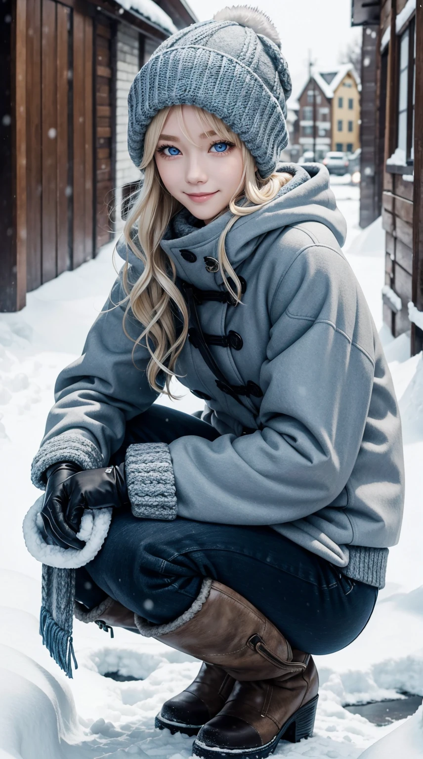 25-year-old Caucasian woman、platinum-blonde、blue eyess、Semi-long、My hair is wavy、a smile、My abs are cracked、a smile、slim muscular body、I don&#39;t want my head to disappear from the screen.、Wearing a duffel coat、wearing woolen gloves、I&#39;m in a snowy town、wearing a woolen hat、I&#39;m wearing a muffler、Squatting、Facing to the side、I'm wearing long boots、I'm wearing a hood