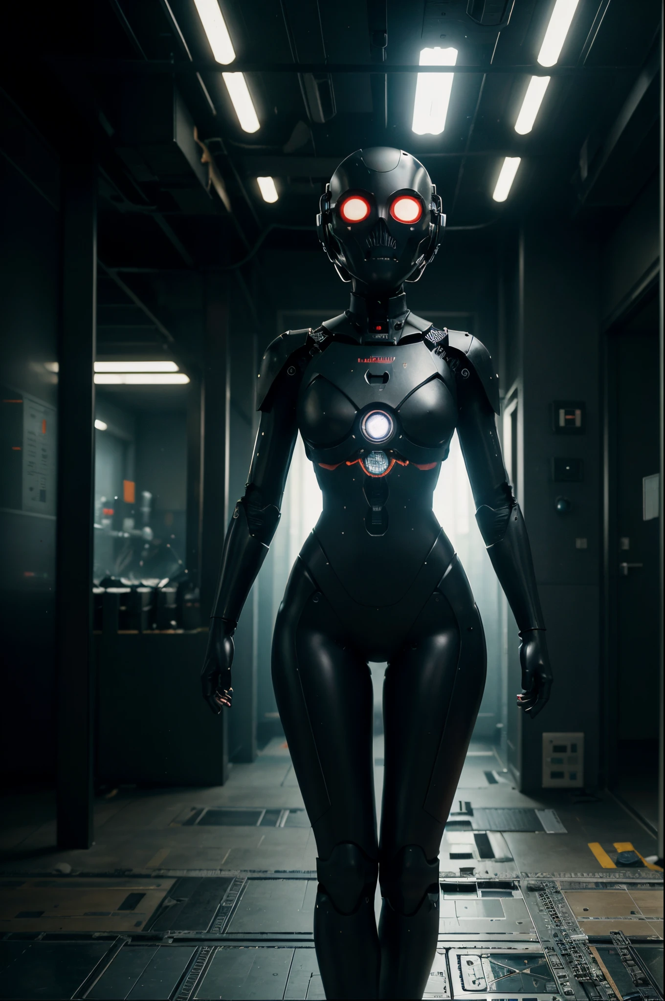 Here is an anthropomorphic female cyborg, located in an abandoned bunker. Her artificial body is intertwined with metal panels, tubes and wires, giving the impression of a high-tech creature. 

She stands in the center of a small room, surrounded by concrete walls and darkened corridors. Dilapidated furniture and scattered debris indicate that, that this place was abandoned many years ago. However, despite the devastation, cyborg woman stays calm and focused, as if exploring and learning about this abandoned world.

Her look, which combines human and machine, stares ahead, as if she is waiting or looking for something invisible to the ordinary observer. Her face is devoid of emotion, but in the pose one can feel inner strength and determination.

The whole image of a cyborg woman in this gloomy and abandoned bunker creates an atmosphere of mystery, loneliness and technological superiority over human nature.