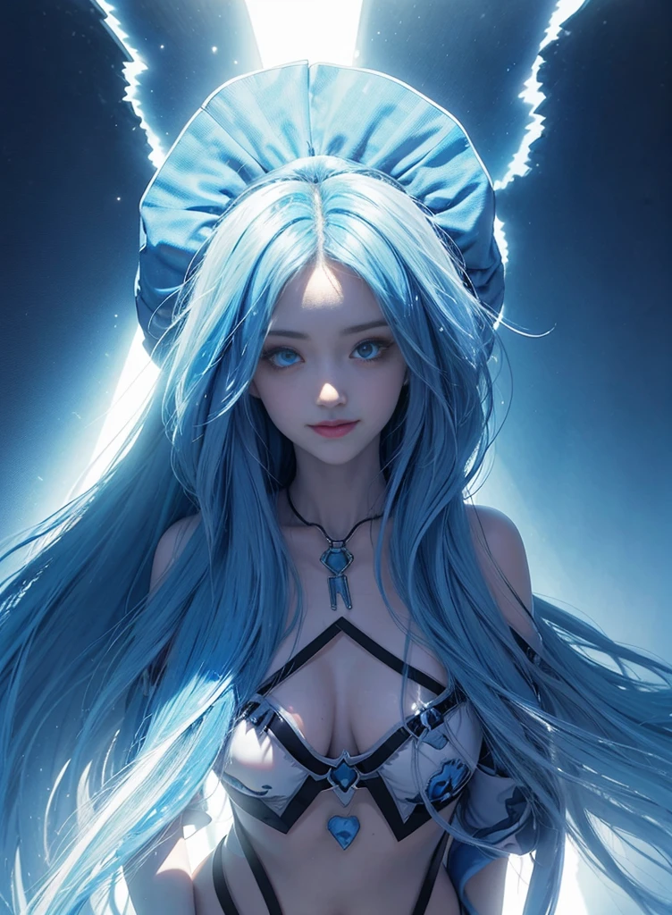 Blue hair,Nice face,black bikini,Heterochromatic pupil,ssmile,rays of sunshine,Full body photo,the soft light