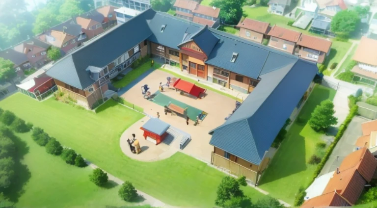 There is a big patio，There is a red bench in the middle, Japan High School, anime yulu camp, school courtyard, Screenshot of the animated movie, typical anime classroom, Screenshots from the 2012 animation, kyoto animation still, Opening scene, sankakucomplex anime image, anime scene, style of madhouse anime, anime still frame