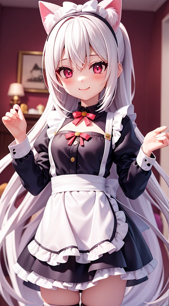 1girl, 18 years old girl, cat girl, neko pose, hand up, white hair, long hair, ponytail, cute smile, cute, cat tails, pink eyes, maid
