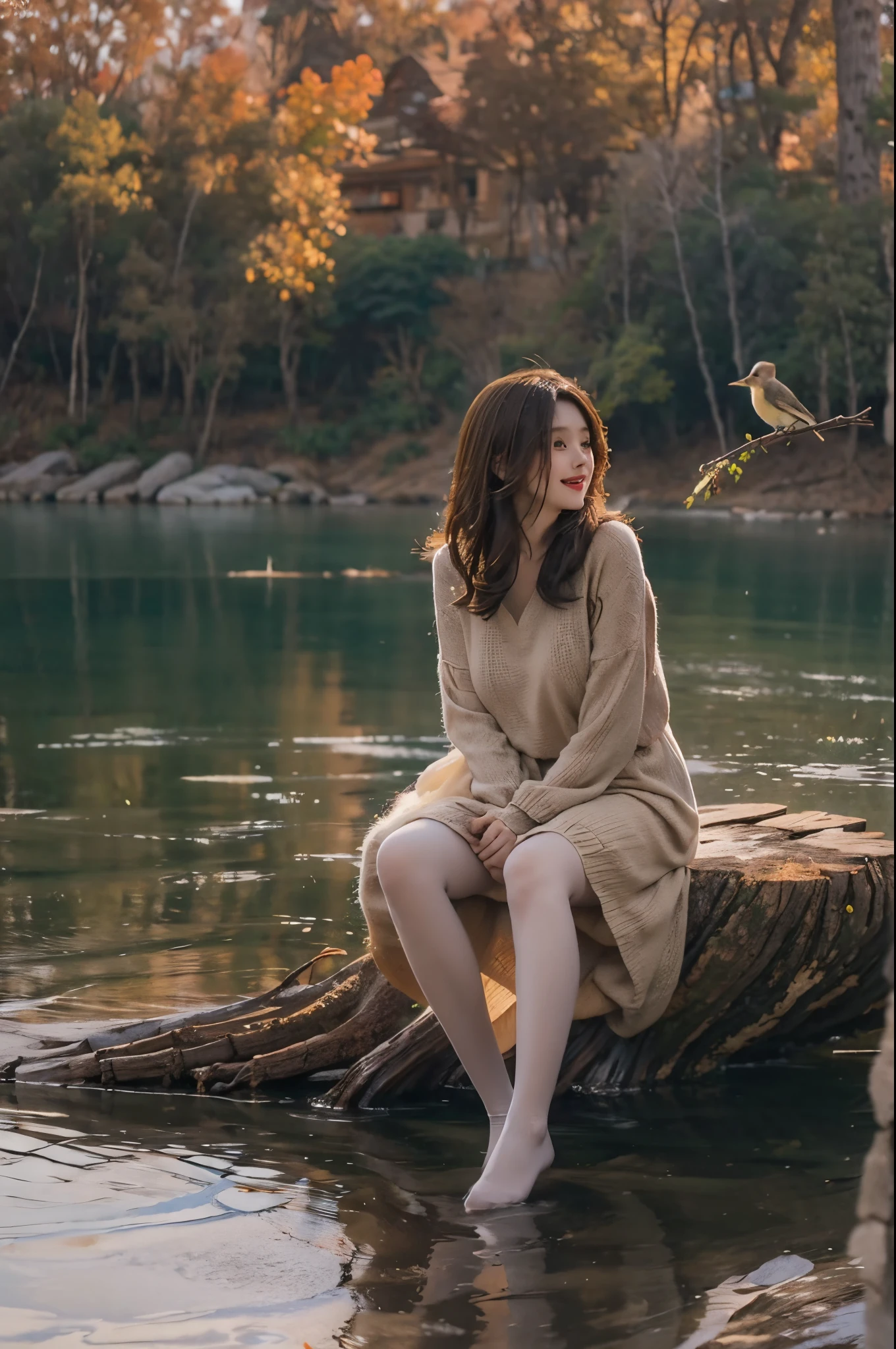 On a crisp morning by the serene, lush green lake, a 28-year-old brunette with tousled hair sits on a tree stump. She wears a thick, short beige knitted dress with long sleeves and dons sheer black stockings. Engaged in playful interaction, she shares a moment of joy with the chirping birds around her.