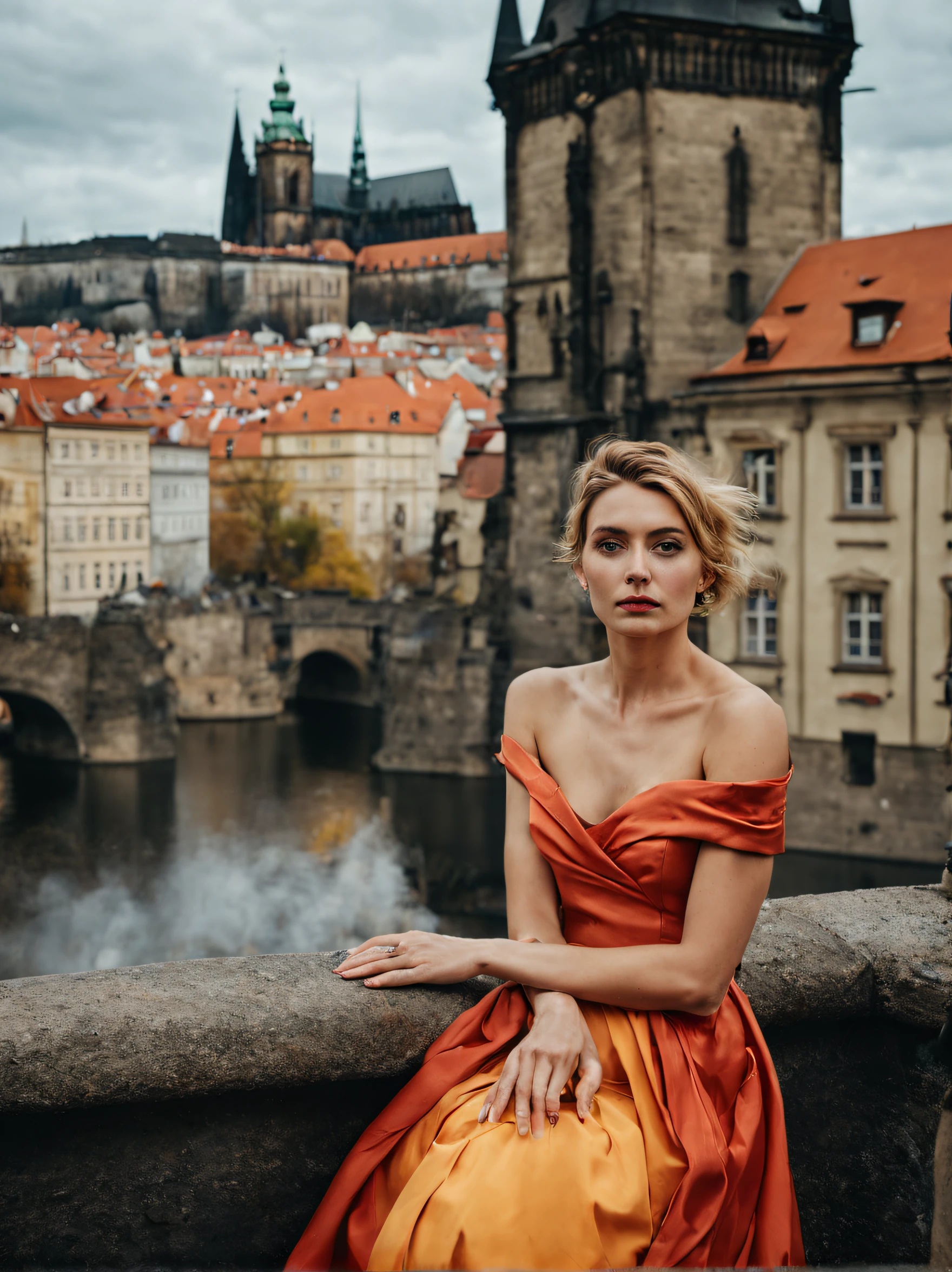 portrait of sks woman in Prague, at the Prague Castle, by Flora Borsi, style by Flora Borsi, bold, bright colours, ((Flora Borsi)), by Gregory Crewdson,