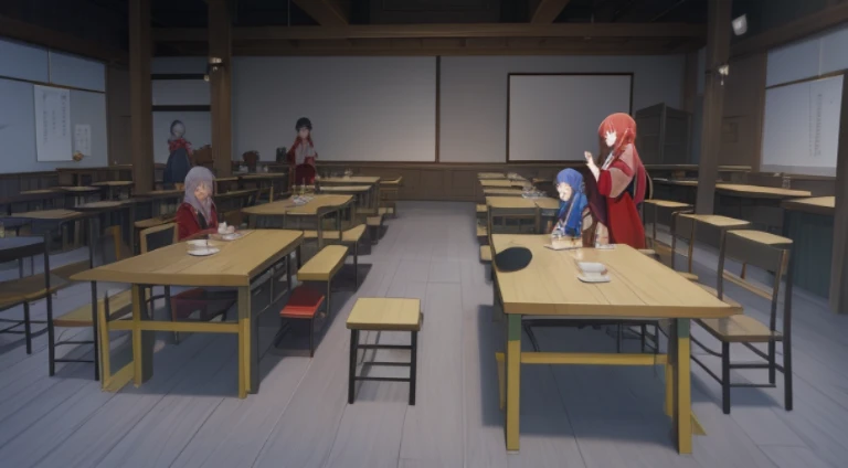 Anime scene classroom with tables and benches,There is also a woman in a red dress, tavern background, Inside the tavern, typical anime classroom, Figures in robes sit around a table, Reincarnation Stara Slime Dattaken, Evening in a medieval tavern, Still from TV animation, Mushoku Tensei, Medieval tavern, anime scene, off-world