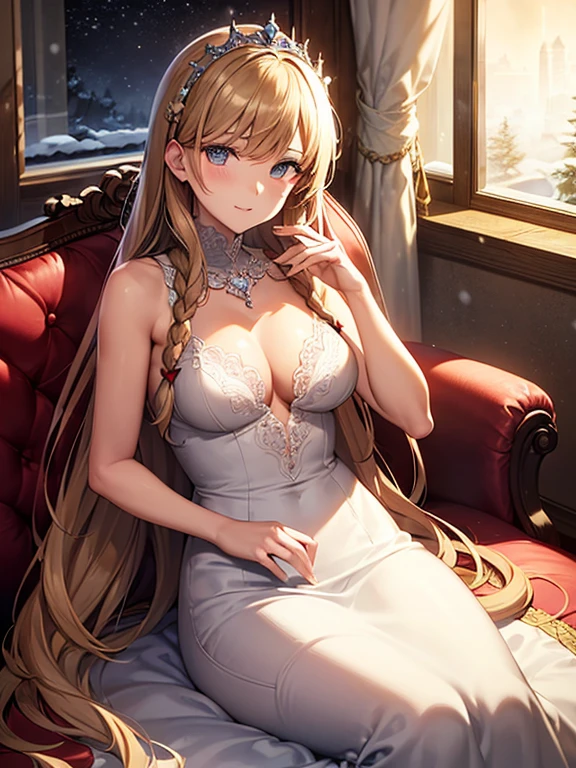 ((masterpiece, best quality, ultra-detailed, illustration)), ((Beautiful detailed eyes and face, perfect and beautiful body, perfect anatomy)), 1lady, milf, a beautiful lady in a long dress, long hair, hair flowing down from the shoulders, soft and shiny hair, side braids, a small tiara,a faint smile, a soft atmosphere,a lady sitting on a sofa, in the living room, warm lighting, window, outside the window it is night and the moon, outside the window is snow scene,
