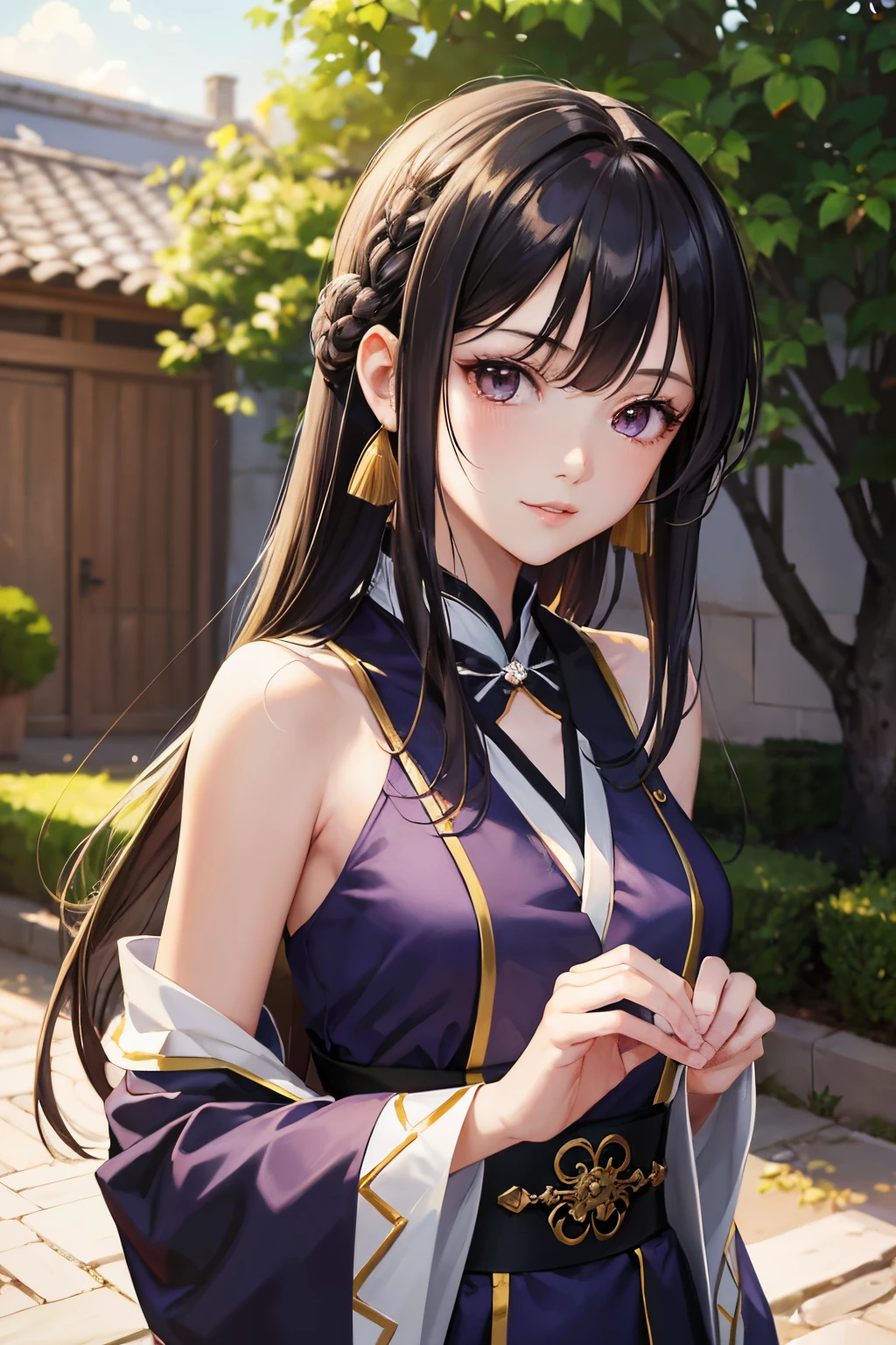 masterpiece, top-quality、8K,  anime girl, 20 year old, long black hair , ornamental accessory on hair, outdoor sunny garden, a character portrait by Yang J, Trend of CGsociety, Fantasy art, a beautiful anime portrait, detailed portrait of an anime girl, A girl in Hanfu, Guviz-style artwork, Beautiful anime girl, portrait anime girl, Beautiful character painting, Guviz, Portrait of an anime girl,  (perfectly detailed face), ((well detailed hand, normal hands)), photorealistic image, depth of field, raytracing, warm smile, cowboy shot, standing, upper body, purple clothing, bare shoulders, slim waist,