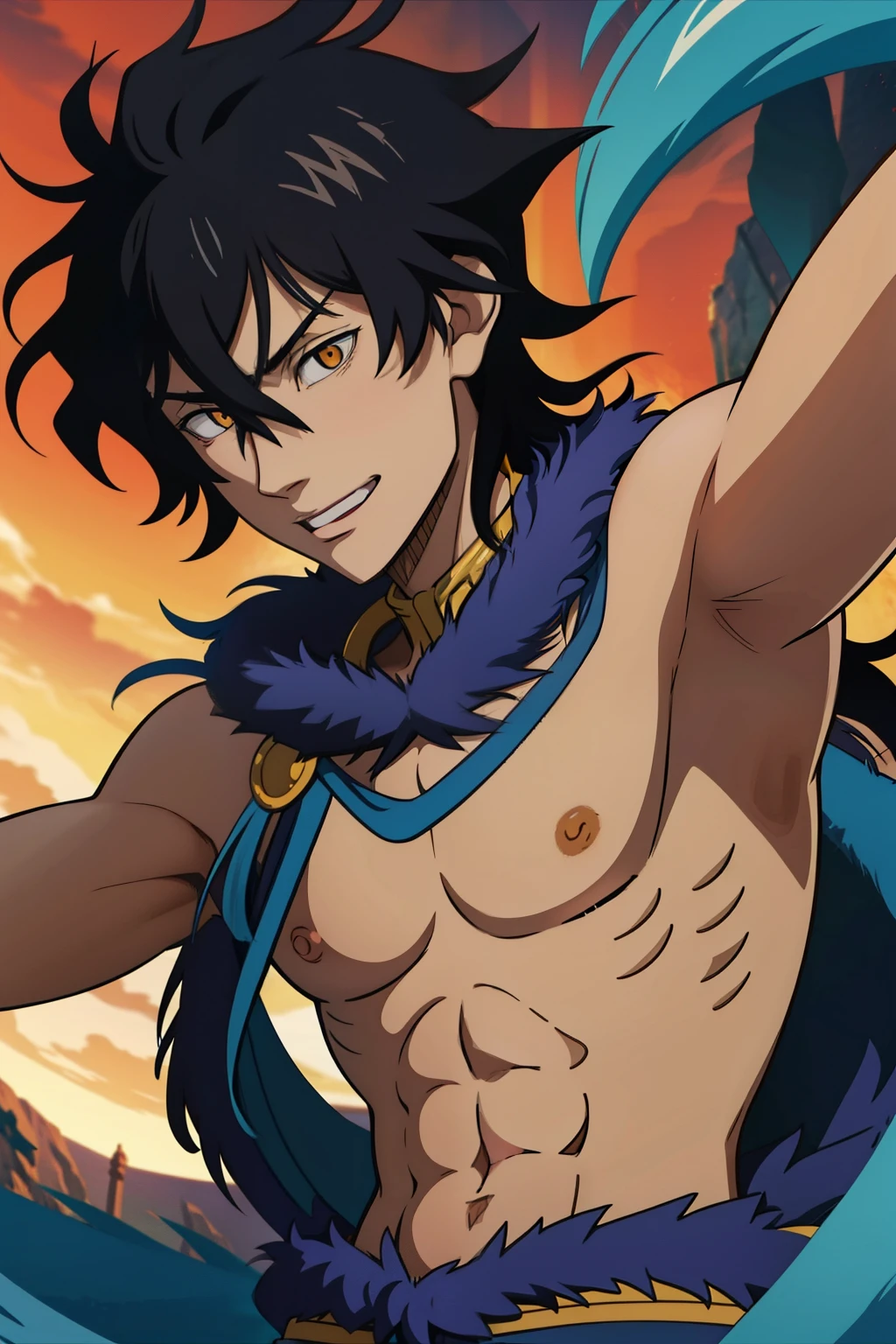 Yuno, BlackCover Anime, black hair, smile, medium body, armpit,  show his armpit, (shirtless, topless, bare chest), tickle, anime epic artwork, ufotable art style