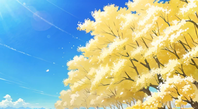 There is a yellow tree in the foreground,It blooms white flowers, anime backgrounds, Anime beautiful peaceful scene, Anime countryside landscape, Colorful anime movie background, Anime background art, Anime Nature, anime movie backgrounds, beautiful anime scenery, beautiful anime scenes, anime landscape wallpapers, Anime nature wallpaper, Today’s recommended anime is still, daytime ethereal anime, Anime landscapes