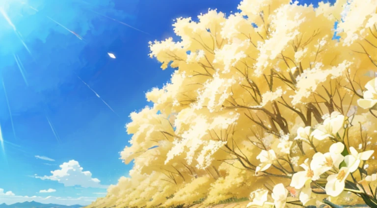 There is a yellow tree in the foreground,It blooms white flowers, anime backgrounds, Anime beautiful peaceful scene, Anime countryside landscape, Colorful anime movie background, Anime background art, Anime Nature, anime movie backgrounds, beautiful anime scenery, beautiful anime scenes, anime landscape wallpapers, Anime nature wallpaper, Today’s recommended anime is still, daytime ethereal anime, Anime landscapes