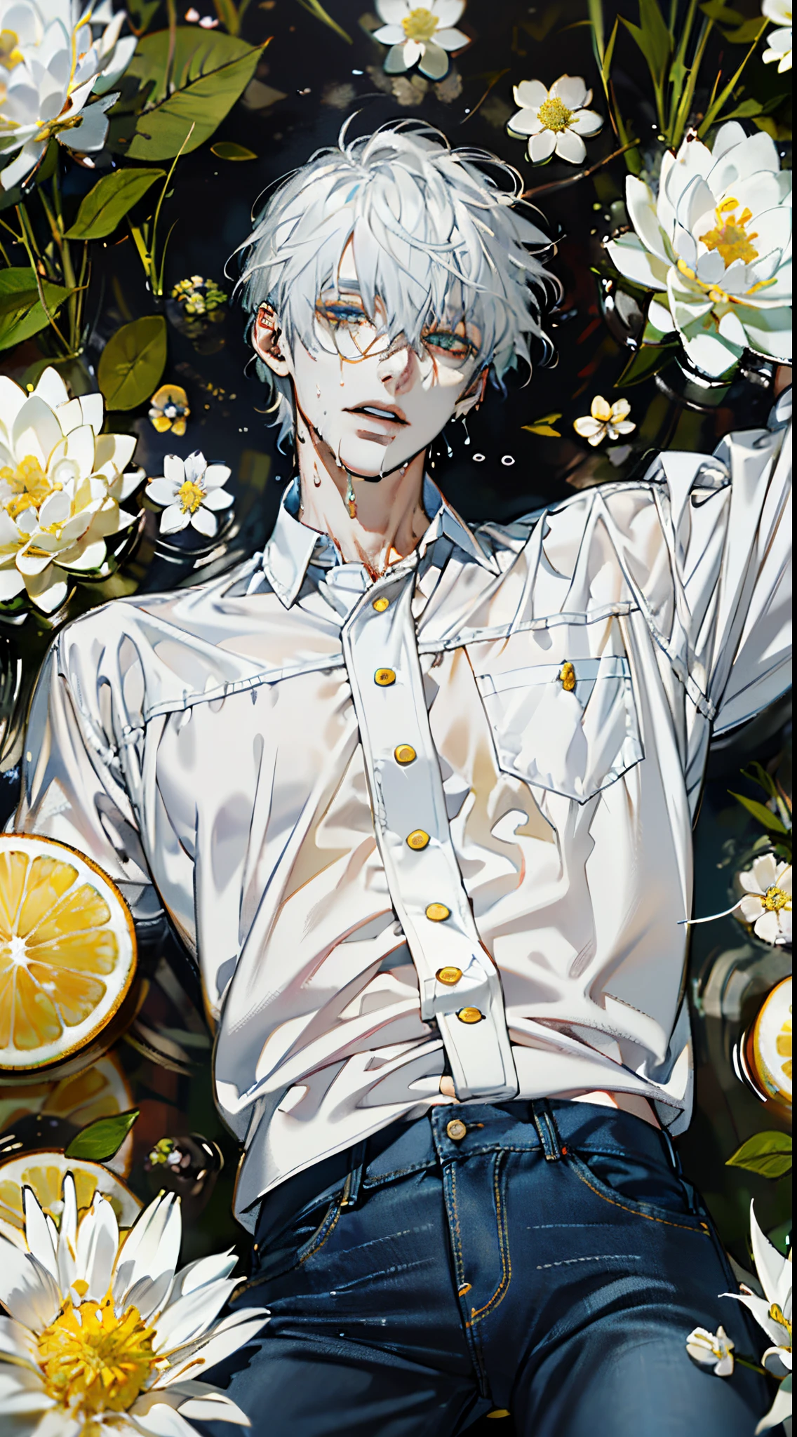 (absurdres, highres, ultra detailed), 1 male, handsome, tall muscular guy, mature, (The pond is filled with lemon slices and white flowers), A man lying on back comfortably in it, from directly above, (white shirt, jeans), wet, colorful, artistic, depth of field, focus on his face,calm facial features, lemon slices around face
