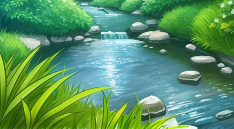 There is a small stream flowing through a lush area、rocky green fields, mobile game background, Gentle sparkling forest stream, anime backgrounds, Small rivers, Anime background art, realistic water, Anime nature wallpaper, background artwork, Anime Nature, small stream, arte de fundo, mistic ， rivulets, river creek, real-life brook, random background scene, Small pond, water flowing