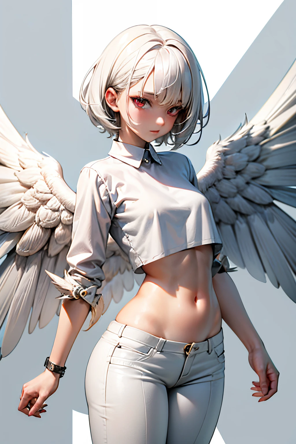 Cute girl, short hair, hawk eyes, has wings like a bird, wears a white shirt and short pants,Two wings are white, adult girl, Two large wings, White hair