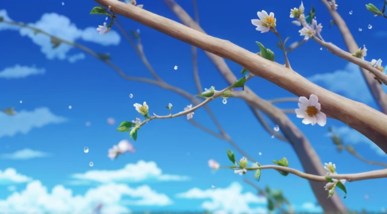 There is a tree，There are water droplets hanging from it, animated still, Anime Nature, anime backgrounds, Today’s recommended anime is still, flower bud, animated movie still, background artwork, Anime nature wallpaper, anime movie backgrounds, Anime background main vision, Colorful anime movie background, arte de fundo, flower bud, Anime background art, Spring evening, anime still frame