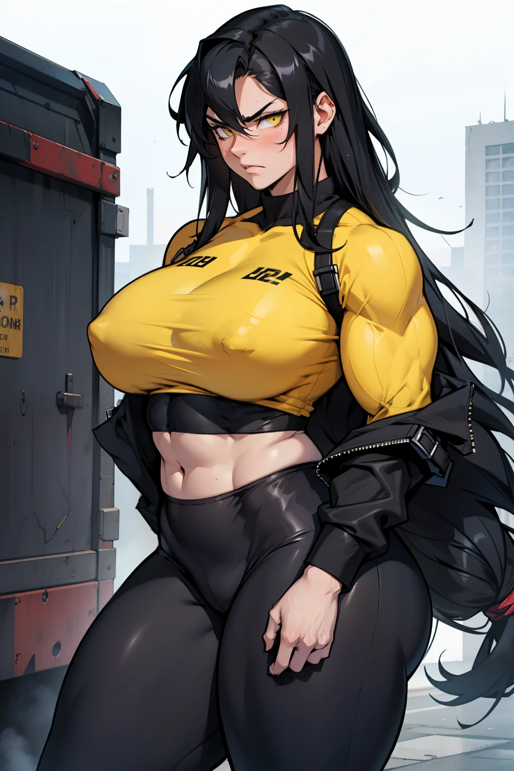 1girl solo black hair yellow eyes very long hair pale skin muscular muscular muscular muscular toned body huge muscles thick thighs girl tight clothes angry blushing messy hair leggings tight shirt long sleeves thick thick thick thick thick thick