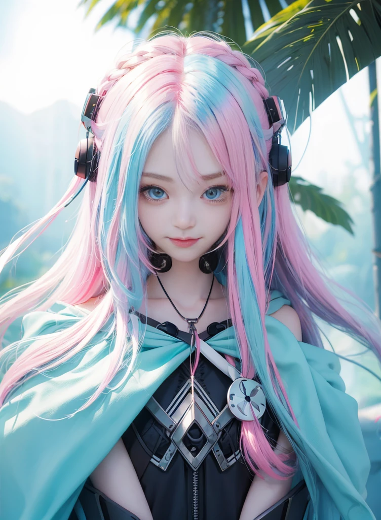 Pink Long Hair，Nice face，sling bikini，Heterochromatic pupil，ssmile，apathy，比基尼，Full body photo，the soft light，Earphone