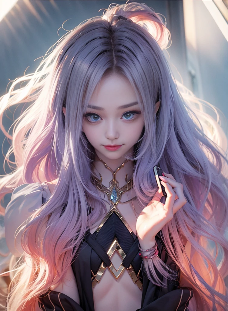 Long colored hair,Nice face,sling bikini,Heterochromatic pupil,ssmile,apathy,比基尼,fully body photo,the soft light,Earphone