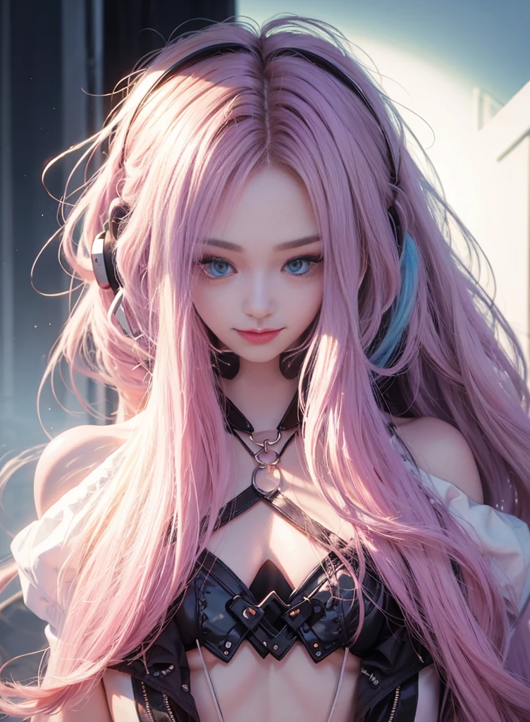 Pink Long Hair,Nice face,sling bikini,Heterochromatic pupil,ssmile,apathy,比基尼,Full body photo,the soft light,Earphone
